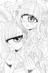  2girls :t animal_ears azen_(mntimcczgrtn) blush cheese chinese_zodiac closed_mouth cyclops ear_piercing earrings eating eye_focus food greyscale hair_ornament highres japanese_clothes jewelry kimono looking_at_viewer monochrome mouse_ears mouse_girl multiple_girls one-eyed original piercing smile v year_of_the_rat 