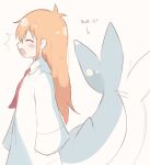  1girl closed_eyes coat fish_tail from_side myajou9 necktie nichijou open_mouth orange_hair professor_shinonome red_necktie shark_tail simple_background solo tail white_coat 