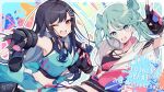  2girls :d anniversary aqua_tank_top artist_name black_gloves black_hair black_tank_top blue_eyes blue_hair blue_jacket chuuko_anpu clothes_around_waist commentary_request copyright_name cropped_shirt earrings fingerless_gloves gloves gradient_eyes hair_ornament hair_rings hatsune_miku highres hoop_earrings jacket jacket_around_waist jewelry long_hair looking_at_viewer multicolored_eyes multiple_girls official_art one_eye_closed open_mouth partially_unzipped project_sekai shiraishi_an signature smile star_(symbol) star_hair_ornament tank_top twintails very_long_hair vivid_bad_squad_(project_sekai) vocaloid w white_jacket 