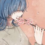  1girl bangs blue_hair blunt_bangs cherry_blossoms closed_eyes flower from_side holding holding_flower original profile shira_mame93 smile solo straight_hair sweater 