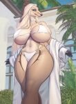  afghan_hound anthro big_breasts bikini blonde_hair blue_eyes breasts canid canine canis clothed clothing domestic_dog female hair huge_breasts hunting_dog jewelry long_hair low-angle_view mammal mature_female navel necklace sighthound smiju solo swimwear thick_thighs 