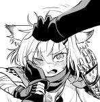  1girl 1other ambiguous_gender animal_ear_fluff animal_ears arknights arm_wrap blush bokiboki333 cape cheek_squash fang fingerless_gloves fox_ears fox_girl gloves greyscale hair_between_eyes hair_ornament hairclip hands_up headpat highres holding_another&#039;s_wrist jewelry looking_at_viewer messy_hair monochrome necklace open_mouth oripathy_lesion_(arknights) pov prosthesis prosthetic_arm shirt short_hair simple_background solo_focus sweatdrop vermeil_(arknights) white_background 