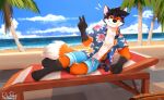  anthro beach black_hair blue_bottomwear blue_clothing blue_hair blue_shorts blue_topwear bottomwear canid closed_smile clothed clothing front_view fur gesture glistening glistening_eyes gloves_(marking) hair hi_res leg_markings looking_at_viewer lying male mammal markings mouth_closed multicolored_hair on_side one_eye_closed open_clothing open_shirt open_topwear orange_body orange_eyes orange_fur outside pache_riggs palm_tree plant seaside shirt shorts signature socks_(marking) solo topwear tree two_tone_hair v_sign white_body white_fur 