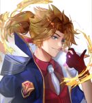  1boy bangs battle_academia_ezreal blonde_hair blue_eyes blue_jacket closed_mouth collared_shirt ezreal fire gloves grey_background grey_necktie highres ippo_kuwa jacket league_of_legends male_focus necktie open_clothes open_jacket parted_bangs ponytail red_gloves red_shirt red_vest shirt short_sleeves simple_background smile solo upper_body vest white_background 