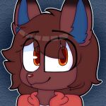  ambiguous_gender anthro blue_inner_ear canid canine chibi clothing cute_expression fox foxxarie fur girly hair headshot_portrait hoodie humanoid long_hair mammal messy_hair portrait red_body red_fur smile solo topwear two_toned_ears unknown_artist 
