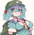  bangs blue_eyes blue_hair blue_shirt collared_shirt flat_cap hat kawashiro_nitori key massakasama medium_hair puffy_short_sleeves puffy_sleeves shirt short_sleeves short_twintails sidelocks touhou twintails two_side_up 