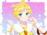  1boy bangs blonde_hair blue_eyes blush collared_shirt elbow_pads gradient gradient_background hair_ornament headset highres kagamine_len looking_at_viewer male_focus multicolored_hair nail_polish necktie ponytail rooibos sailor_collar shirt short_sleeves smile solo star_(symbol) star_ornament streaked_hair vocaloid w white_hair wrist_cuffs 