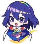  1girl :d bag bangs cape chibi full_body highres index_finger_raised leg_up long_sleeves looking_at_viewer multicolored_clothes multicolored_hairband open_mouth purple_eyes purple_footwear purple_hair short_hair simple_background smile solo tenkyuu_chimata touhou white_background white_cape yoriteruru zipper 