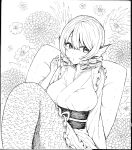  1girl absurdres ballpoint_pen_(medium) breasts closed_mouth drill_locks flower frilled_kimono frills head_fins highres japanese_clothes ke-su kimono large_breasts long_sleeves looking_at_viewer mermaid monochrome monster_girl sash short_hair solo touhou traditional_media wakasagihime 