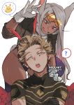  1boy 1girl :d :o ? animal_ears arm_up artist_name bangs bird black_gloves black_jacket black_shirt blonde_hair boku_no_hero_academia chick dark-skinned_female dark_skin ear_piercing facial_hair feathers from_behind fur_collar gloves goggles goggles_on_head hand_on_another&#039;s_shoulder hawks_(boku_no_hero_academia) highleg highleg_leotard highres jacket kadeart leotard long_eyelashes long_hair looking_at_another looking_down looking_up mirko open_mouth orange_goggles parted_bangs piercing purple_thighhighs rabbit_ears rabbit_girl rabbit_tail red_eyes red_feathers red_wings shirt short_hair smile speech_bubble spiked_hair stubble tail tail_through_clothes teeth thighhighs thighs turtleneck_leotard two-tone_shirt very_long_hair white_background white_gloves white_hair white_leotard wings yellow_eyes 