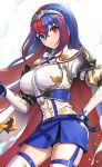  1girl absurdres alear_(fire_emblem) alear_(fire_emblem)_(female) bangs blue_eyes blue_hair blue_skirt blush breasts cowboy_shot duplicate fire_emblem fire_emblem_engage garter_straps gonzarez grey_hairband hair_between_eyes hairband heterochromia highres juliet_sleeves large_breasts long_hair long_sleeves looking_at_viewer miniskirt multicolored_clothes multicolored_hair pixel-perfect_duplicate puffy_sleeves red_eyes red_hair shirt skirt smile solo standing thighhighs thighs very_long_hair white_shirt white_thighhighs 