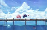  blipper blue_sky blush character_request cloud day goggles gooey_(kirby) highres kirby kirby_(series) long_tongue looking_at_another open_mouth outdoors pier sky smile suyasuyabi tongue tongue_out 