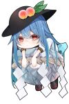  1girl black_headwear blue_hair closed_mouth food fruit full_body highres hinanawi_tenshi keystone leaf long_hair looking_at_viewer lying on_stomach peach puffy_short_sleeves puffy_sleeves red_eyes short_sleeves simple_background touhou tsune_(tune) white_background 