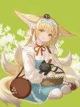  1girl animal_ears animal_on_head arknights basket black_cat blonde_hair blue_dress blue_hairband brown_footwear cardigan cat cat_on_head dress fox_ears fox_girl fox_tail frilled_hairband frills green_background green_eyes hair_down hairband kitsune large_ears long_hair looking_at_viewer mlcc_3190969461 multicolored_hair multiple_tails neck_ribbon on_head open_cardigan open_clothes pantyhose red_ribbon ribbon simple_background sitting solo streaked_hair suzuran_(arknights) tail wariza white_cardigan white_hair white_pantyhose 