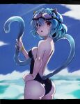  1girl animal_ears ass backless_swimsuit bangs bare_arms black_border black_one-piece_swimsuit blue_hair blue_sky border breasts casual_one-piece_swimsuit cat_ears cat_girl cat_tail cowboy_shot day from_side hair_between_eyes highres hunter_x_hunter letterboxed looking_at_viewer medium_breasts medium_hair neferpitou ocean one-piece_swimsuit open_mouth outdoors red_eyes shiny shiny_hair shoulder_blades sidelocks sky solo strapless strapless_swimsuit sweatdrop swimsuit tail wristband yagisawa_teru 