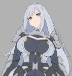  1girl armor bangs blue_eyes breast_tattoo breasts cleavage cleavage_cutout closed_mouth clothing_cutout ethel_(xenoblade) grey_hair hakusai_(hksicabb) highres large_breasts long_hair looking_at_viewer shoulder_armor simple_background solo tattoo upper_body very_long_hair xenoblade_chronicles_(series) xenoblade_chronicles_3 
