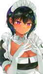  1girl black_hair breasts cleavage closed_mouth dark-skinned_female dark_skin elbow_gloves gloves konbu_wakame large_breasts lilith_(saikin_yatotta_maid_ga_ayashii) looking_at_viewer maid maid_headdress mole mole_on_breast mole_under_eye pout pouty_lips puffy_short_sleeves puffy_sleeves purple_eyes saikin_yatotta_maid_ga_ayashii short_hair short_sleeves solo white_gloves 