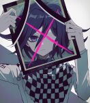  1boy bangs checkered_clothes checkered_scarf closed_mouth danganronpa_(series) danganronpa_v3:_killing_harmony flipped_hair frown grey_background grey_jacket hair_between_eyes hands_up holding holding_frame iei jacket long_sleeves looking_at_viewer male_focus mikao_(eanv5385) ouma_kokichi purple_eyes scarf shiny shiny_hair solo white_background 
