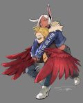  1boy 1girl alternate_costume animal_ears arms_around_neck blonde_hair boku_no_hero_academia carrying closed_mouth dark-skinned_female dark_skin denim english_text feathered_wings feathers gloves grey_background half-closed_eyes hawks_(boku_no_hero_academia) highres jeans long_hair midriff mirko nike own_hands_together pants piggyback print_sweater rabbit_ears rabbit_girl red_eyes red_feathers red_wings shoes short_hair sideburns simple_background slim_(sl1m_skull) sneakers spiked_hair squatting sunglasses sweater tinted_eyewear white_hair wings yellow_eyes 