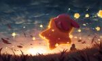  blurry cloud depth_of_field falling_leaves flying from_behind grass highres kirby kirby_(series) leaf outdoors sky star_(sky) star_(symbol) starry_sky sun sunset suyasuyabi warp_star 