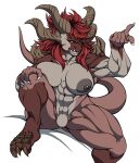  abs absurd_res anthro beckoning big_breasts breast_squish breasts claws cleavage clothed clothing dragon female gesture green_eyes hair hand_on_leg hi_res horn hybrid long_hair markings mijak_(thony_dog) multi_horn multicolored_body muscular muscular_anthro muscular_arms muscular_female muscular_thighs nipples red_hair scales scalie solo spikes spikes_(anatomy) squish teeth teeth_showing thony_dog toe_claws 