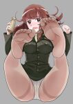  1girl absurdres ass black_pantyhose blush breasts brown_eyes brown_hair cameltoe crotch dodo_(purofu_hitsudoku) feet from_above grace_maitland_steward highres large_breasts legs_up long_hair looking_at_viewer luminous_witches lying military military_uniform no_shoes on_back open_mouth panties panties_under_pantyhose pantyhose shiny shiny_hair soles solo underwear uniform wavy_mouth white_panties world_witches_series 