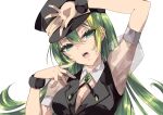  absurdres alina_gray aqua_eyes black_headwear black_necktie black_vest brooch collar cross_tie detached_collar gem green_gemstone green_hair hair_between_eyes hat highres jewelry lapels magia_record:_mahou_shoujo_madoka_magica_gaiden magical_girl mahou_shoujo_madoka_magica misteor multicolored_hair necktie notched_lapels open_mouth peaked_cap puffy_short_sleeves puffy_sleeves see-through see-through_sleeves short_sleeves sidelocks simple_background straight_hair streaked_hair v-neck vest white_collar white_sleeves 