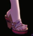 1girl absurdres arched_soles artist_logo black_background brown_footwear close-up english_commentary feet feet_only foot_focus genshin_impact greek_toe high_heels highres mohoshadream nail_polish out_of_frame pink_nails sandals shadow solo toenail_polish toenails toes yae_miko 