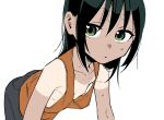  1girl black_hair borrowed_character downblouse flat_chest green_eyes long_hair looking_at_viewer muchi_maro nipples original parted_lips shirt_tan simple_background sketch solo sweat tan tank_top tanlines white_background 
