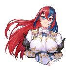  1girl alear_(fire_emblem) alear_(fire_emblem)_(female) bangs blue_eyes blue_hair breasts closed_mouth crossed_bangs fire_emblem fire_emblem_engage heterochromia large_breasts meziosaur multicolored_hair red_eyes red_hair simple_background solo white_background 