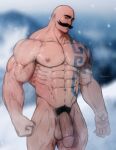  1boy abs arm_tattoo artist_name bald bara biceps blue_eyes blurry blurry_background braum_(league_of_legends) chest_tattoo clenched_hand facial_hair feet_out_of_frame highres huge_penis hydaria large_pectorals league_of_legends looking_at_viewer male_focus manly mature_male muscular muscular_male mustache navel nipples nude outdoors pectorals penis pubic_hair signature snowing solo tattoo testicles thick_arms thick_eyebrows thick_thighs thighs veins veiny_arms veiny_penis 