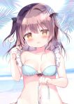  1girl azumi_kazuki bangs bare_arms bare_shoulders bikini black_bow blue_bikini blurry blurry_foreground blush bow bow_bikini breasts brown_eyes brown_hair collarbone commentary_request day depth_of_field frilled_bikini frills hair_between_eyes hair_bow hand_up highres looking_at_viewer medium_breasts navel open_mouth original outdoors pulled_by_self side-tie_bikini_bottom solo spoken_blush strap_pull swimsuit two_side_up untied untied_bikini upper_body 