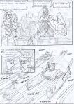  aircraft anthro black_and_white border building canid canine canis cloud cloudscape comic dialogue duo dust dust_cloud english_text falling gunshot hands_on_hips kitfox-crimson knight_armor machine male mammal mecha melee_weapon monochrome onomatopoeia outside_border procyonid raccoon shield sketch sky sound_effects sword text weapon window 
