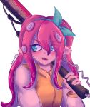  1girl absurdres artist_name aubrey_(omori) fangs fusion green_eyes hairband highres holding holding_weapon long_hair octoling_girl omori open_mouth peppermintie pink_hair pointy_ears simple_background solo splat_roller_(splatoon) splatoon_(series) splatoon_3 teeth tentacle_hair twitter_username upper_body weapon white_background 