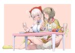  2girls ^^^ ^_^ animal_ears animare aogiri_koukou_game_club armband bag_of_chips bandaid bandaid_on_face bangs bare_shoulders bear_ears bottle breasts brown_hair closed_eyes collared_shirt cup feeding flat_chest food full_body grey_hair hair_ornament hairclip hat heart highres holding holding_bottle holding_cup indian_style jacket kazu_no_reason konan_mia large_breasts long_sleeves multiple_girls one_side_up ooshiro_mashiro open_mouth purple_eyes red_headwear shirt short_hair sitting skewer sleeveless sleeveless_shirt socks sweat table thigh_strap vest virtual_youtuber wariza white_shirt white_socks white_vest wrist_cuffs x_hair_ornament yellow_socks yuri 