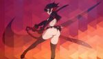  1girl ass back black_hair black_panties black_skirt black_thighhighs blue_eyes breasts commentary english_commentary foot_out_of_frame gradient gradient_background high_heels highres holding holding_sword holding_weapon hong_doo kill_la_kill legs_apart looking_at_viewer matoi_ryuuko medium_breasts microskirt multicolored_hair nike orange_background panties patterned_background profile puckered_lips red_background red_footwear red_hair revealing_clothes ribs scissor_blade senketsu short_hair skirt solo sword thighhighs thighs thong twisted_torso two-tone_hair underwear v-shaped_eyebrows weapon 