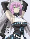  animal_ears armpits arms_up atalanta_(fate) atalanta_alter_(fate) bangs black_gloves breasts cat_ears chain collar elbow_gloves eyebrows_hidden_by_hair fate/grand_order fate_(series) gloves green_eyes grey_hair long_hair looking_at_viewer multicolored_hair purple_hair skirt takara_joney upper_body 