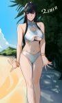  1girl alternate_costume bare_legs beach bikini black_hair blue_eyes blush bracelet breasts cleavage cleavage_cutout closed_mouth clothing_cutout commentary day feet_out_of_frame highres hong_doo jewelry kill_la_kill kiryuuin_satsuki large_breasts long_hair looking_to_the_side navel open_hands outdoors sidelocks smile solo standing stomach straight_hair swimsuit tree underboob white_bikini 