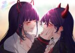  2girls akuma_nihmune blush breasts cleavage closed_mouth collar ear_piercing fake_horns hair_ornament hairclip horns indie_virtual_youtuber looking_at_another looking_away looking_to_the_side mikan_(chipstar182) multiple_girls parted_lips piercing purple_hair squinting teeth yuri 