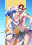  2girls absurdres alternate_costume animal_ears armband ass assertive_female asymmetrical_docking bangs bare_shoulders bikini blue_eyes blue_hair breast_press breasts commission commissioner_upload curled_horns fire_emblem fire_emblem_heroes flower flower_necklace food freyja_(fire_emblem) goat_horns hair_ornament hand_on_hip highres horns ice ice_cream ice_horns juunishi_aya large_breasts long_hair medium_breasts midriff multicolored_hair multiple_girls navel nifl_(fire_emblem) non-web_source official_alternate_costume official_alternate_hairstyle open_mouth pelvic_curtain ponytail red_eyes red_horns saliva saliva_swap saliva_trail short_hair simple_background size_difference stare_down swimsuit thighs two-tone_bikini two-tone_swimsuit white_bikini white_hair yuri 