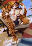  2022 abs absurd_res anthro barazoku barefoot beach beach_chair beard biceps big_bulge big_muscles bulge chair claws clothed clothing day detailed_background detailed_bulge dutch_angle eyebrows eyewear facial_hair feet felid fur furniture genital_outline hair hi_res holding_eyewear holding_object holding_sunglasses huge_bulge huge_muscles male mammal mukum_1am muscular muscular_anthro muscular_male navel nipples obliques outside palm_tree pantherine pecs penis_outline plant sand seaside sitting sky smile smirk soles solo speedo sunglasses swimwear tattoo teeth tiger topless topless_anthro topless_male tree tuft umbrella water 