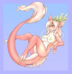  2022 absurd_res animal_humanoid anthro areola asian_mythology barbel_(anatomy) better_version_at_source blush breasts butt claws digital_drawing_(artwork) digital_media_(artwork) dragon dragon_humanoid east_asian_mythology eastern_dragon female flesh_whiskers fluffy fluffy_tail fur genitals green_areola green_pussy hair hecatefroz hi_res horn humanoid japanese_mythology kassiradragon looking_at_viewer mythology nipples noodle_dragon nude open_mouth pinup pose pussy scales scalie scalie_humanoid shaded signature simple_background smile solo tongue watermark white_body white_scales 