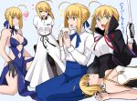  1girl ahoge artoria_pendragon_(fate) bb_(fate) blonde_hair blouse braid breasts cleavage cloak dress eating fate/grand_order fate_(series) food gloves green_eyes holding holding_food looking_at_viewer open_mouth saber shirt sleeveless sleeveless_dress smile solo_focus takara_joney 