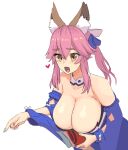  1girl animal_ear_fluff animal_ears bangs breasts cleavage commentary_request detached_sleeves fang fate/extra fate/grand_order fate_(series) fox_ears fox_girl hair_ribbon heart holding large_breasts open_mouth orange_eyes photo-referenced pink_hair pointing ribbon sidelocks simple_background sketch skin_fang solo tamamo_(fate) tamamo_no_mae_(fate/extra) toba_kuti twintails white_background 
