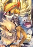  1boy arcanine bangs belt belt_buckle black_belt blue_oak brown_eyes brown_pants buckle commentary_request grin highres jacket jewelry leaning long_sleeves male_focus necklace orange_hair pants pidgeot pokemon pokemon_(creature) pokemon_(game) pokemon_hgss rhydon short_hair smile spiked_hair teeth twitter_username yomogi_(black-elf) 