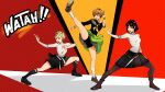  blonde_hair blue_eyes brown_eyes brown_hair clothes_around_waist eightyfourart fighting_stance full_body high_kick highres jacket jacket_around_waist kicking leggings lisa_silverman niijima_makoto open_mouth persona persona_2 persona_4 persona_5 pleated_skirt satonaka_chie school_uniform seven_sisters_high_school_uniform shoes short_hair shuujin_academy_uniform skirt socks spread_legs yasogami_school_uniform 