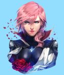  1girl absurdres armor asymmetrical_hair blue_background blue_eyes breasts falling_petals final_fantasy final_fantasy_xiii flower hair_between_eyes hair_over_shoulder high_collar highres lightning_farron looking_at_viewer medium_breasts medium_hair parted_lips petals pink_hair portrait red_flower red_rose rose shiyuu_(shiyu) shoulder_armor solo upper_body wavy_hair 