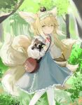  1girl absurdres animal animal_ear_fluff animal_ears animal_on_head arknights basket black_cat blonde_hair blue_dress blue_hairband blush cat cat_on_head day dress forest fox_ears fox_girl fox_tail frilled_hairband frills gnai green_eyes hair_down hairband highres holding holding_animal holding_basket holding_cat kitsune long_hair long_sleeves looking_at_viewer multicolored_hair multiple_tails nature on_head outdoors pantyhose red_ribbon ribbon smile solo streaked_hair suzuran_(arknights) tail tree walking white_hair white_pantyhose 