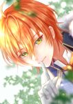  1boy absurdres ahoge closed_mouth finger_to_mouth fj2020 gloves green_background green_eyes highres jel_(stpri) leaf long_sleeves looking_at_viewer male_focus orange_hair shirt short_hair shushing smile solo strawberry_prince white_gloves white_shirt 