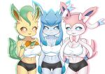  absurd_res blue_body blue_eyes blush breasts clothed clothing eeveelution female generation_4_pokemon generation_6_pokemon glaceon group hi_res leafeon looking_at_viewer nintendo pokemon pokemon_(species) pokemorph simple_background sylveon trio video_games white_background white_body yellow_body 